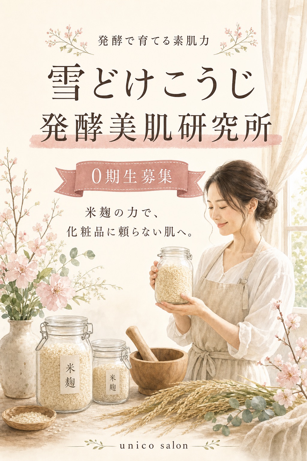 雪どけこうじ 発酵美肌研究所 0期生募集｜発酵で育てる素肌力。米麹の力で、化粧品に頼らない肌へ。unico salon
