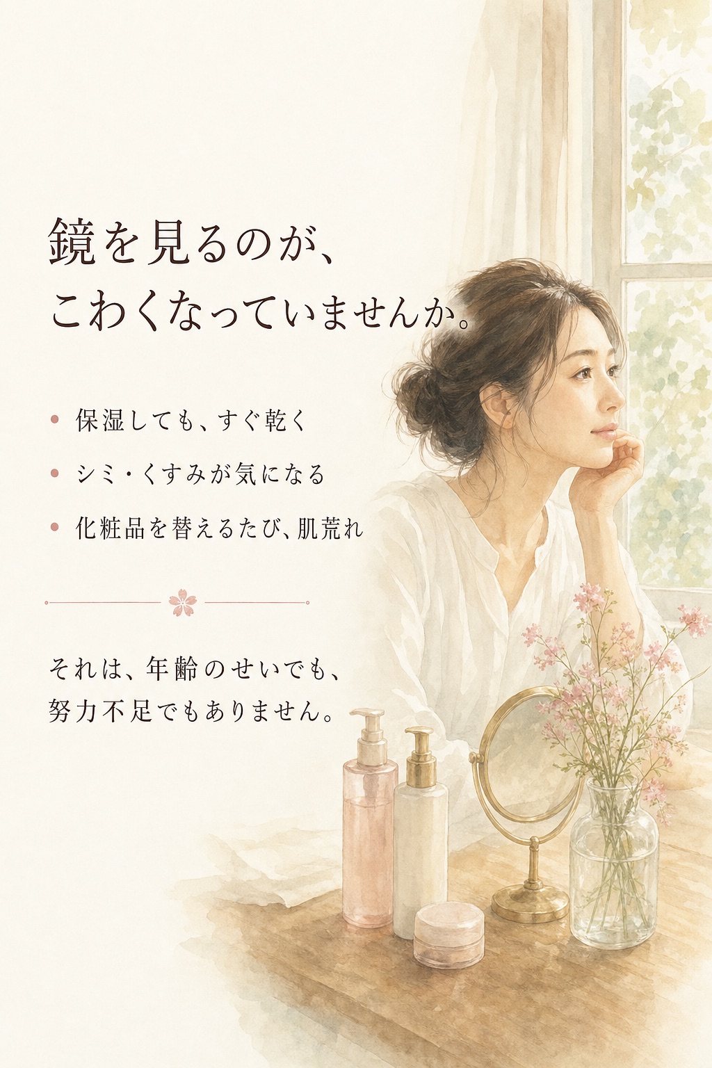 鏡を見るのが、こわくなっていませんか。保湿してもすぐ乾く／シミ・くすみが気になる／化粧品を替えるたび、肌荒れ。それは、年齢のせいでも、努力不足でもありません。