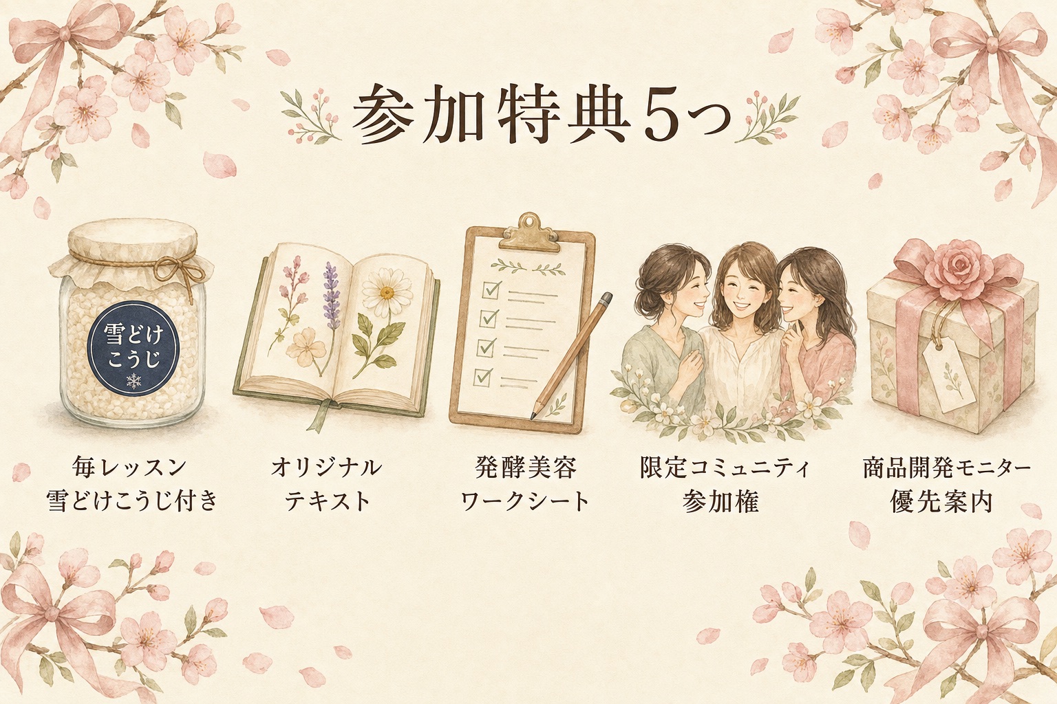 参加特典5つ：毎レッスン雪どけこうじ付き／オリジナルテキスト／発酵美容ワークシート／限定コミュニティ参加権／商品開発モニター優先案内