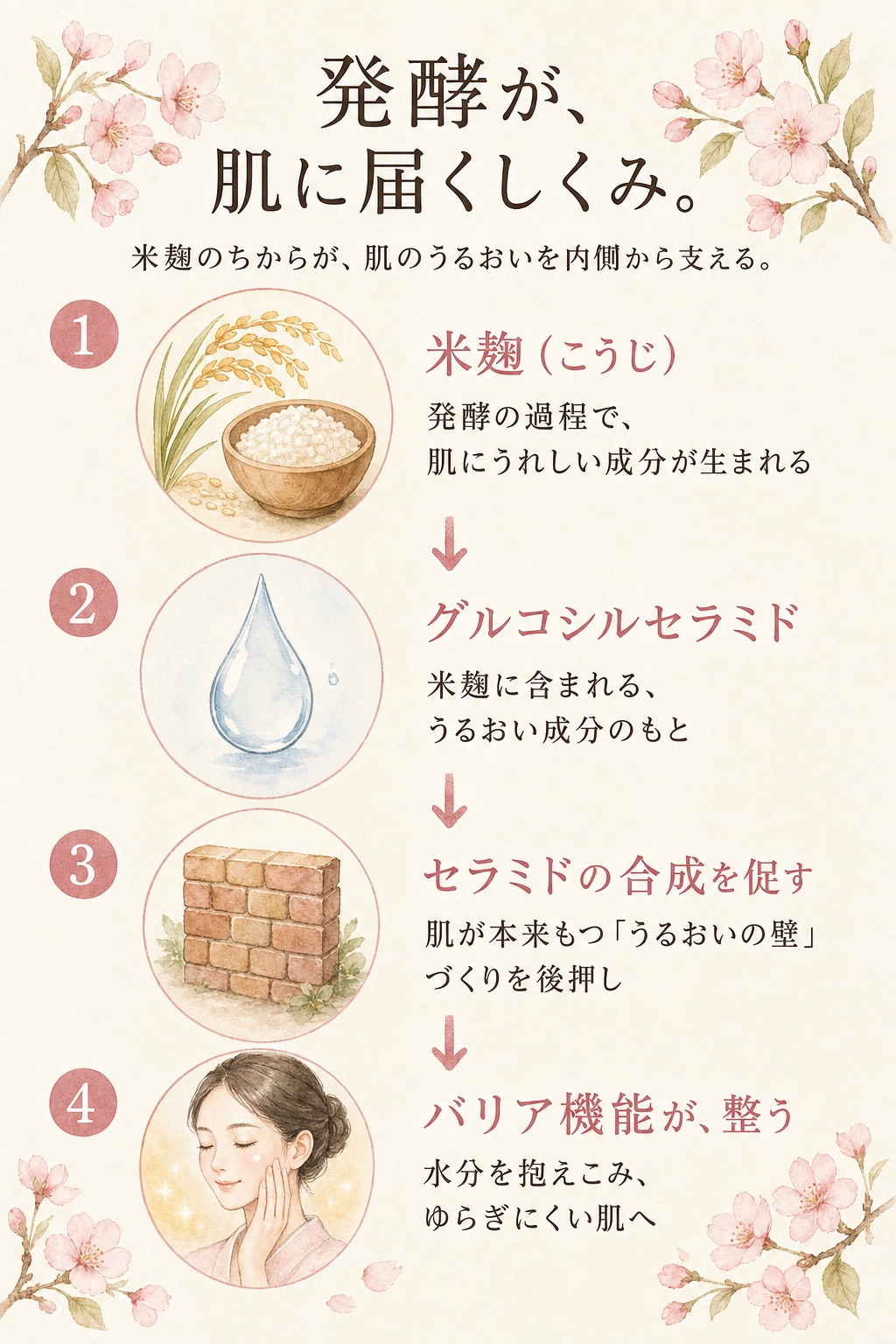 発酵が肌に届くしくみ。①米麹（こうじ）発酵の過程で肌にうれしい成分が生まれる→②グルコシルセラミド 米麹に含まれるうるおい成分のもと→③セラミドの合成を促す 肌が本来もつ「うるおいの壁」づくりを後押し→④バリア機能が整う 水分を抱えこみゆらぎにくい肌へ